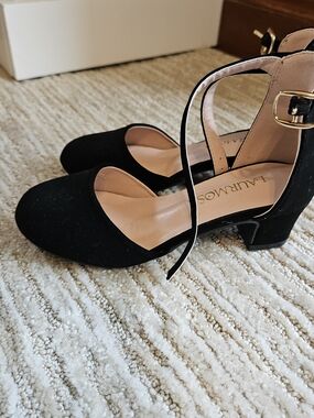 Source Unknown Black Suede Mary Jane Block Heel Kids Dress Shoes
